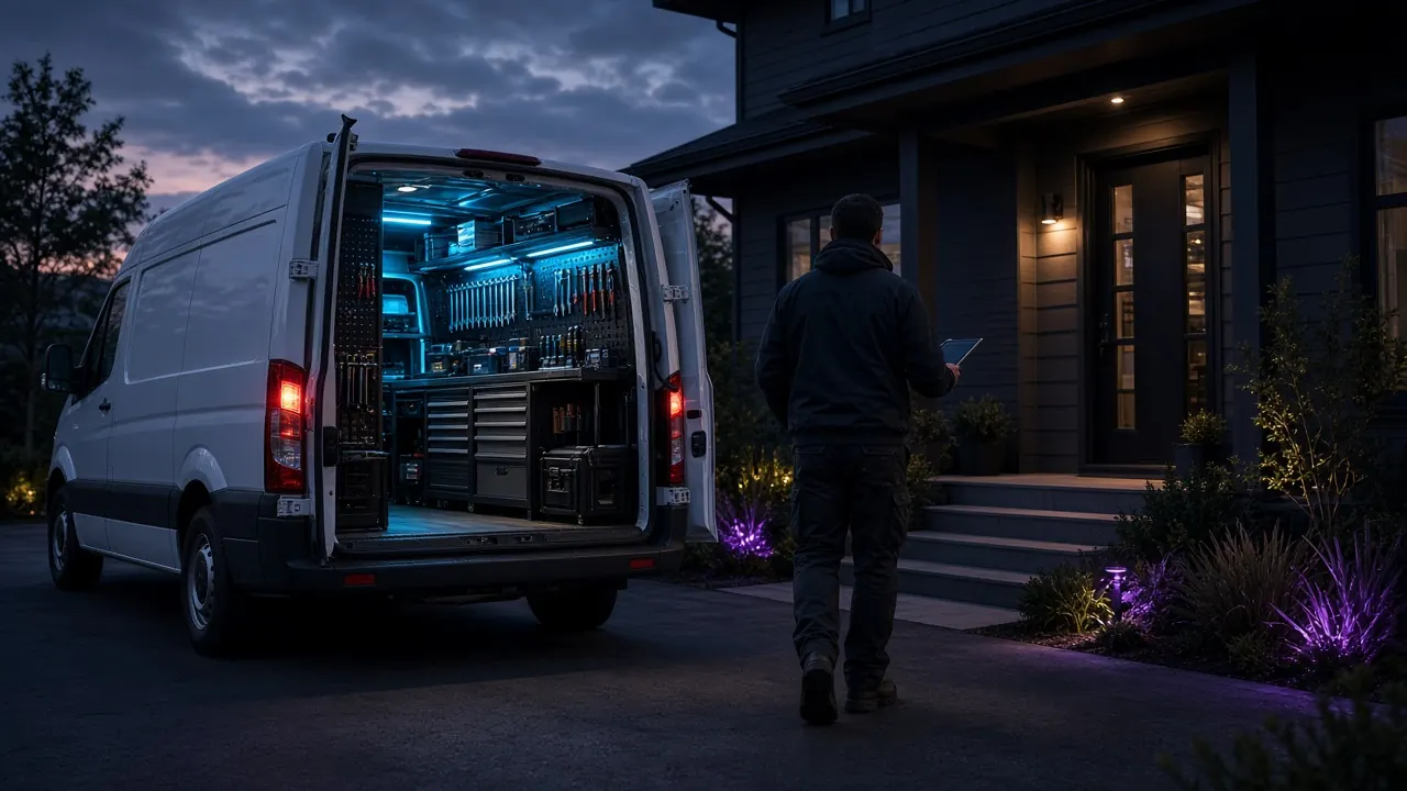 A technician with a tablet walking from an open, organized service van to a house at dusk.