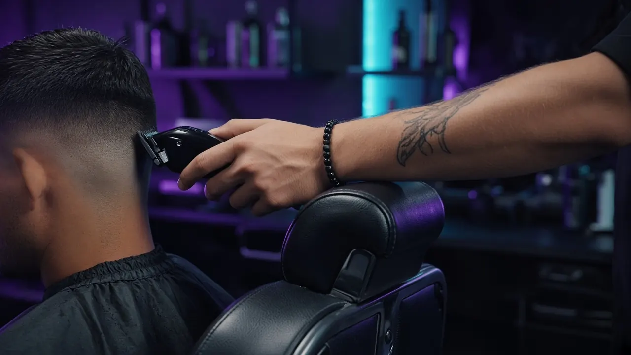 A barber giving a client a fade with clippers.