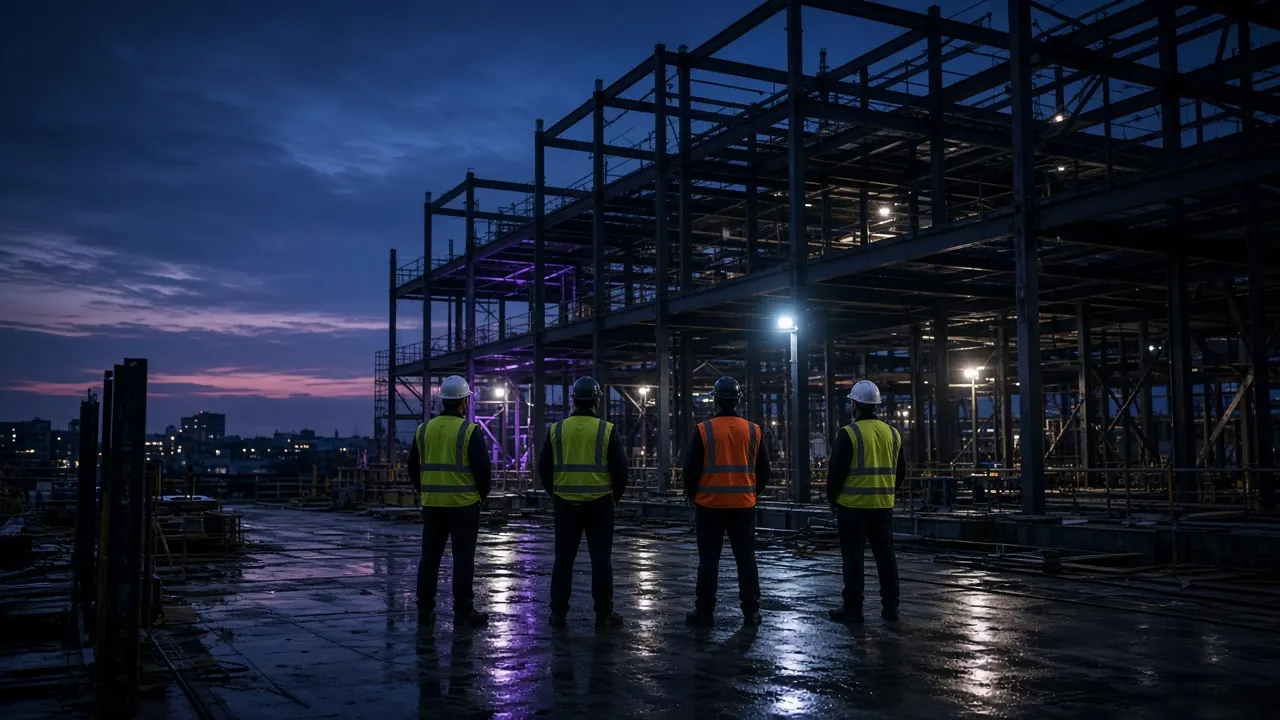 A construction crew in hard hats and hi-vis vests in front of a steel frame at dusk.