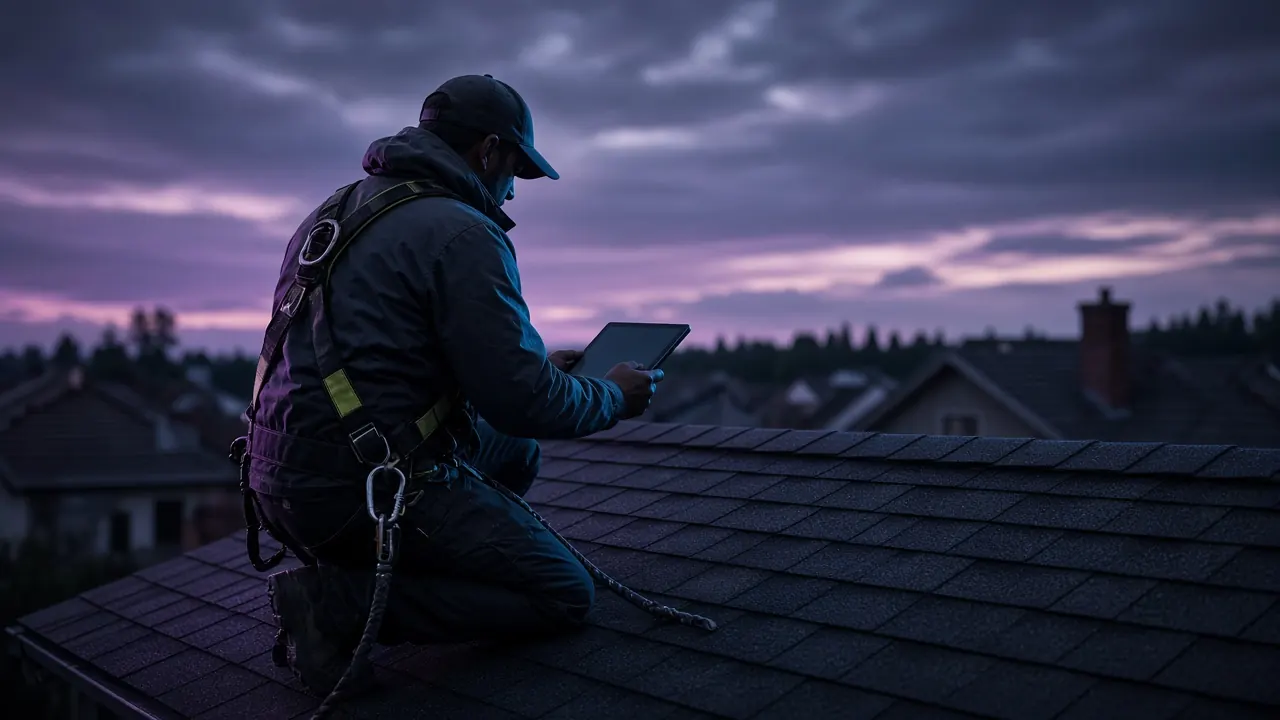 A roofer kneeling on a shingle roof at dusk, checking the job on a tablet.