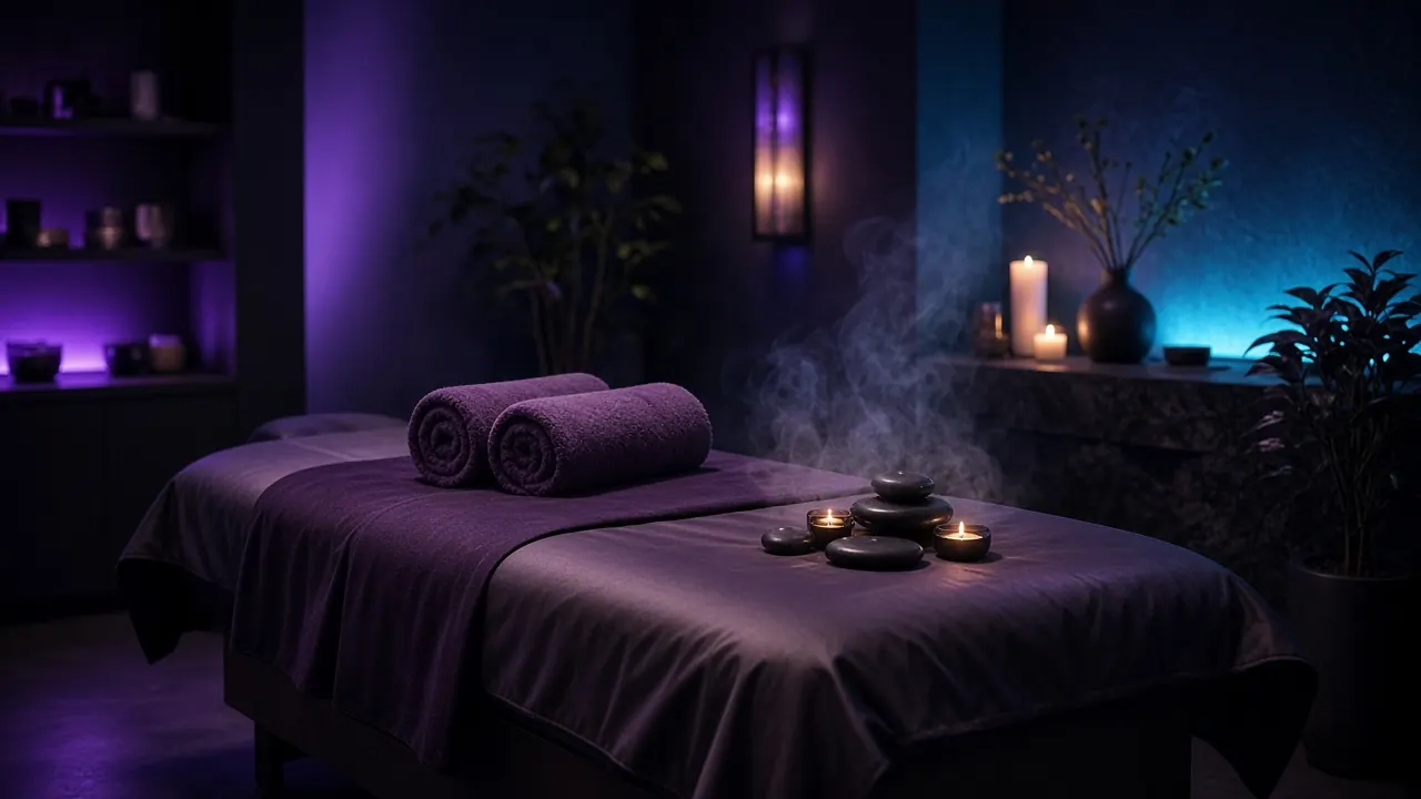A calm spa room with a treatment table, rolled towels, hot stones and candles.